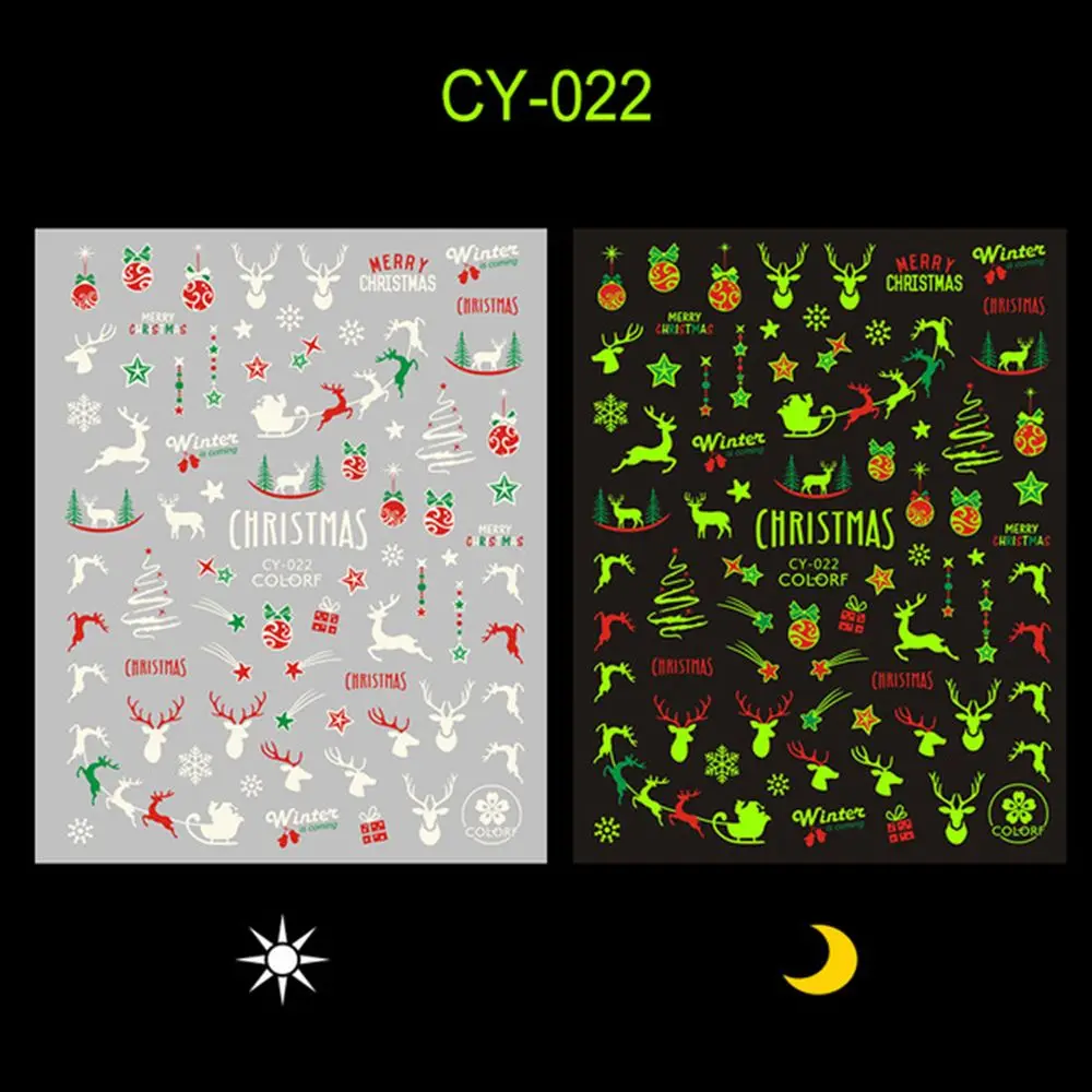 Elk Glow in the Dark Santa Claus Winter Luminous Nail Stickers DIY Nail Decor Fluorescent Nail Decals Christmas Nails Stickers