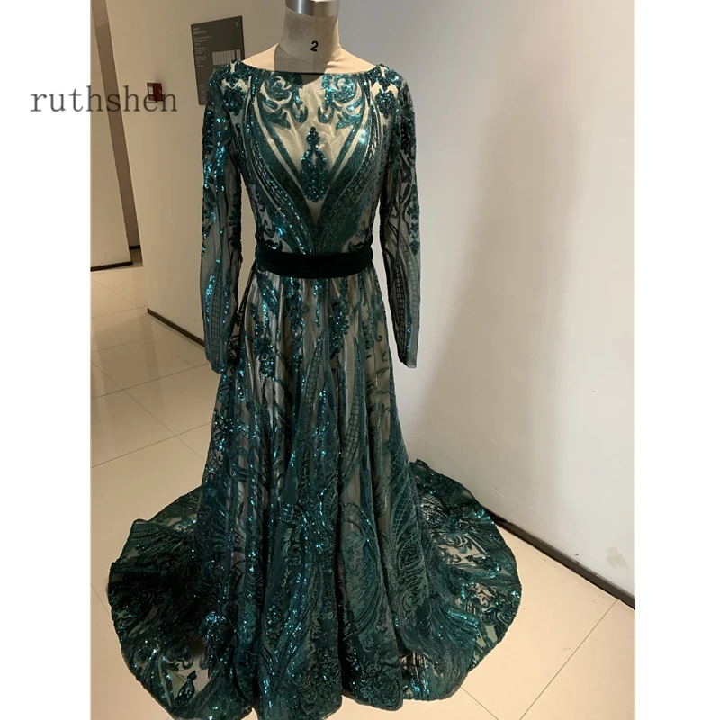 Dark Green Long Sleeves Prom Dresses Sequins dress prom Backless prom dresses 2023 evening gowns robe de soiree formal dress