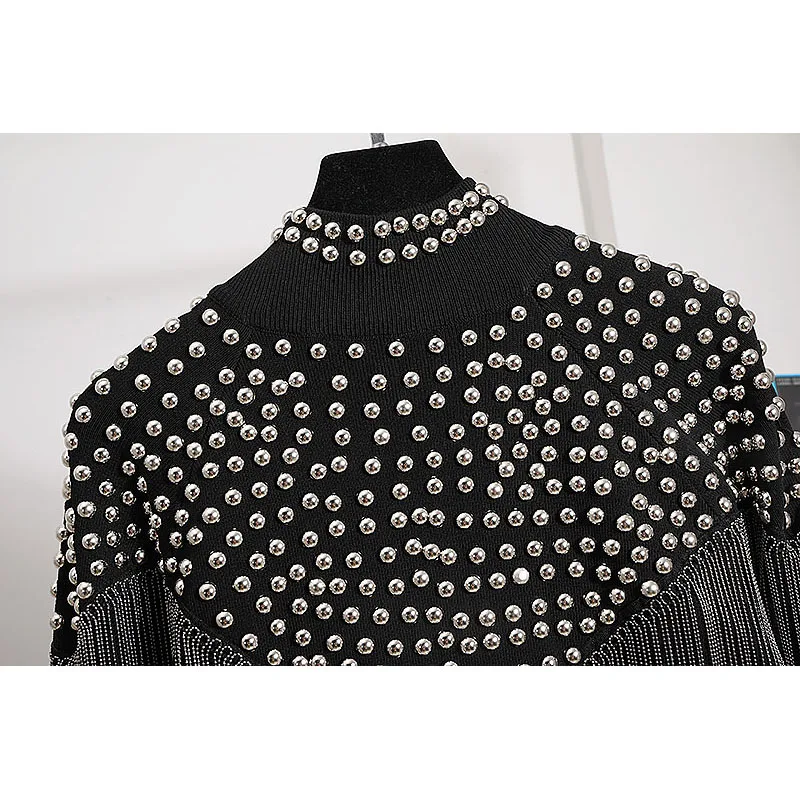 Heavy Work Rivet Tassel Knit Tracksuit Set Women Long Sleeve Sweater Pencil Pants Knitwear Outfits Female Casual Knitted Sets