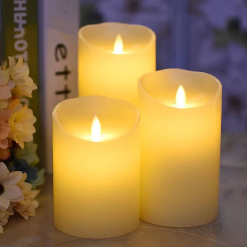 USB Rechargeable Led Candles Ivory Dripless Paraffin Wax Dancing Moving wick Pillar Candle set Home Bar Wedding Xmas Decoration