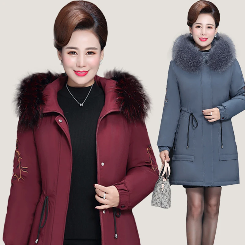 2019 Winter fashion middle-aged women's thick warm hooded embroidery down cotton coat long section large fur collar cotton jacke