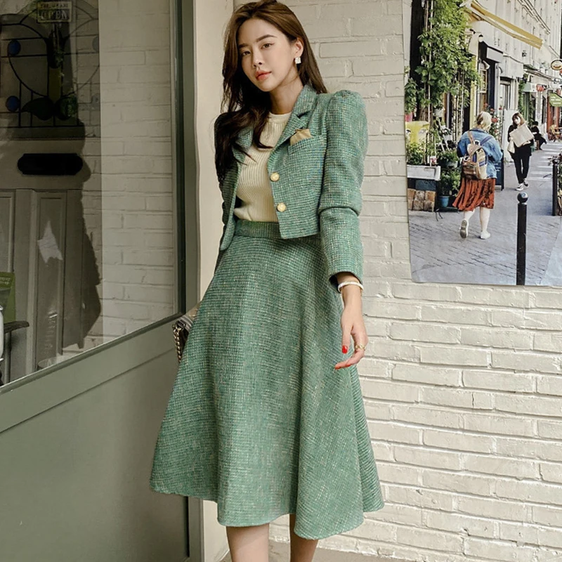 Fashion Work Style Formal 2 Pieces Outfits Women Clothes Elegant Commute Short Tops Coat Jacket Outwear And High Waist Skirt Set