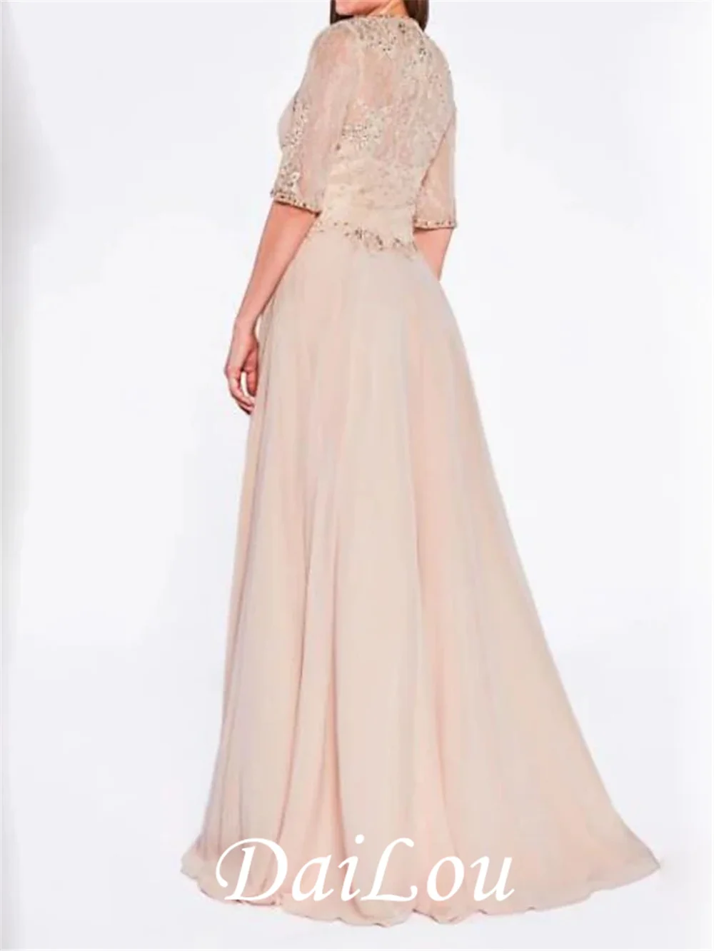 Mother of the Bride Dress Plus Size Sexy Plunging Neck A-Line Chiffon Half Sleeve with Lace Criss Cross Pleats 2021