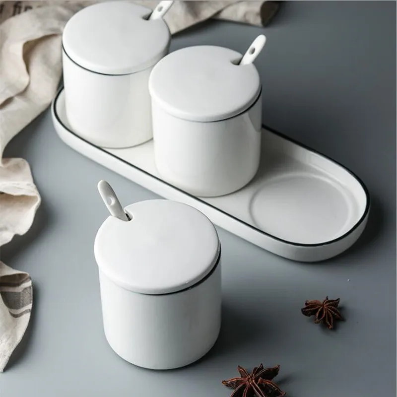 Nordic White  Ceramic Seasoning Jar Set Spice Pot Sugar Salt Pepper Container With Ceramic Lid Spoon Kitchen Seasoning Rack 1set