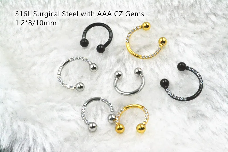 10pcs Body Jewelry Piercing - 316L Surgical Steel CZ Horeshoes Nose Septum Ring Ear Helix Daith Cartilage Tragus Earring  Ring