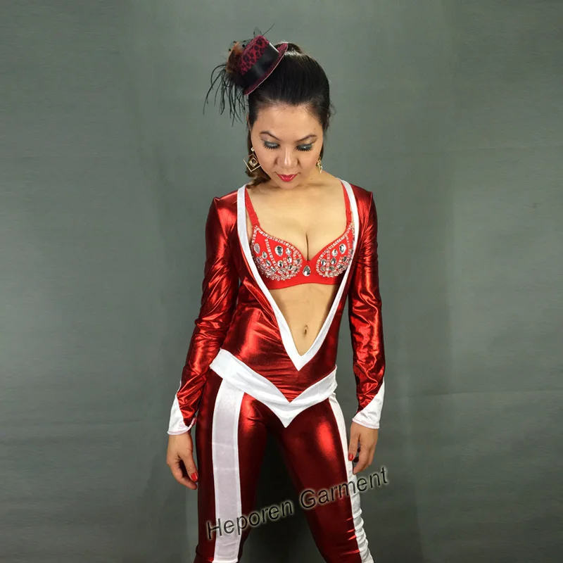 

Christmas Sexy Party Victoria's Red artificial leather Long Sleeve and Long Pants Siamese Nightclub Christmas Stage Costume