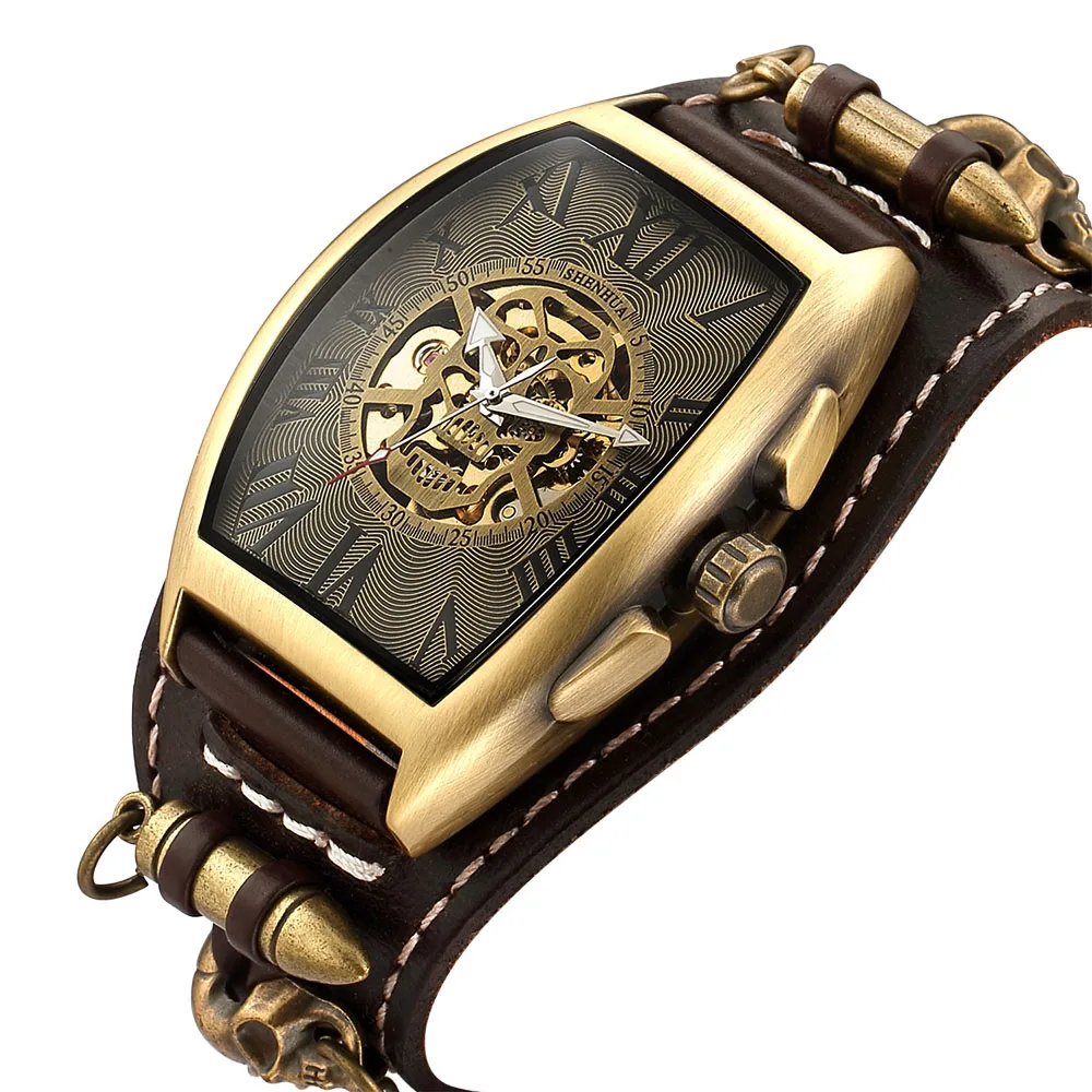 Antique Bullet Skeleton Men Automatic Mechanical Watch Gothic Clock Steampunk Self Winding Watches Brown Vintage Hombre 2023