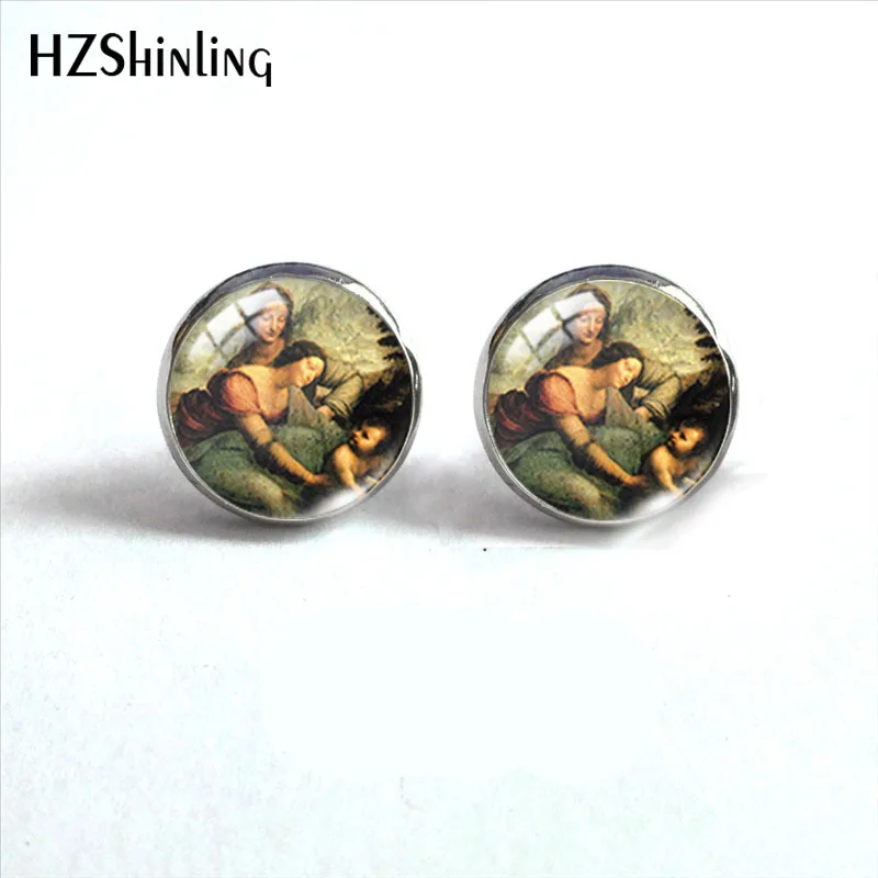 2021 New Leonardo Da Vinci Stud Earring Mona Lisa Painting Round Earrings Handmade Glass Dome Photo Printed Jewelry Gifts