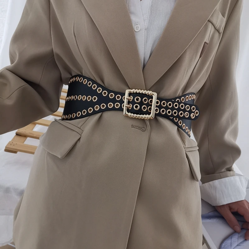 New Gold Rivet Design Belt Fashion Double Pin Buckle Waist Strape Punk Personality Wide Black Elastic Waistbands Lady Coat Dress