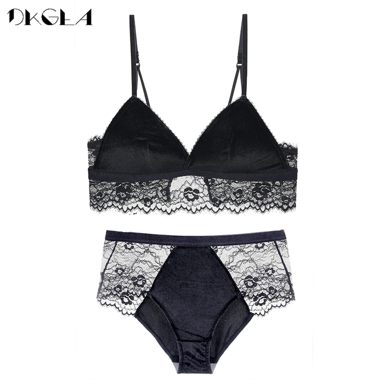 Fashion Blue Velvet Bra Lace Embroidery Brassiere Women Lingerie Thin Cotton Sexy Underwear Set Wire Free Bra Panties High Waist