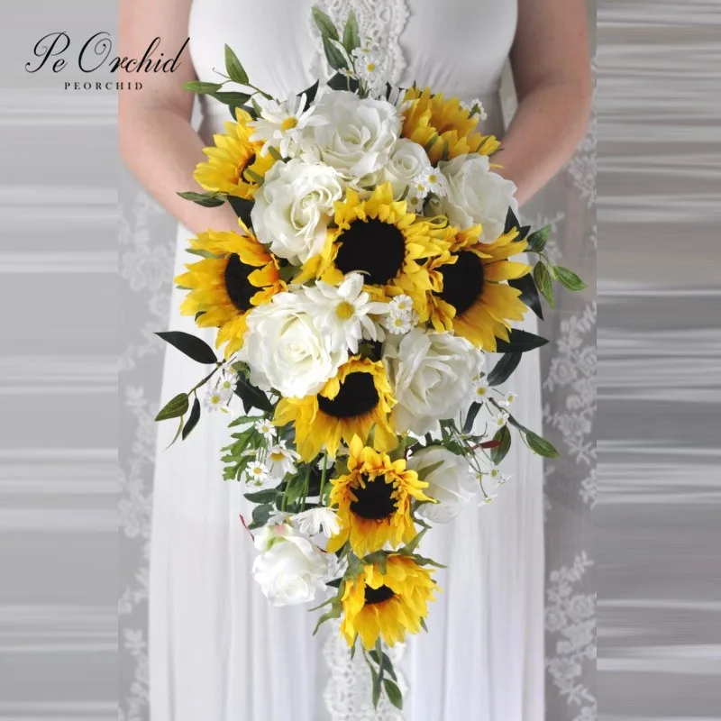 PEORCHID Cascade Bridal Bouquet Sunflower Bouquet For Bride Custom Artificial Bridal Flowers Waterfall Wedding Bouquet Decor