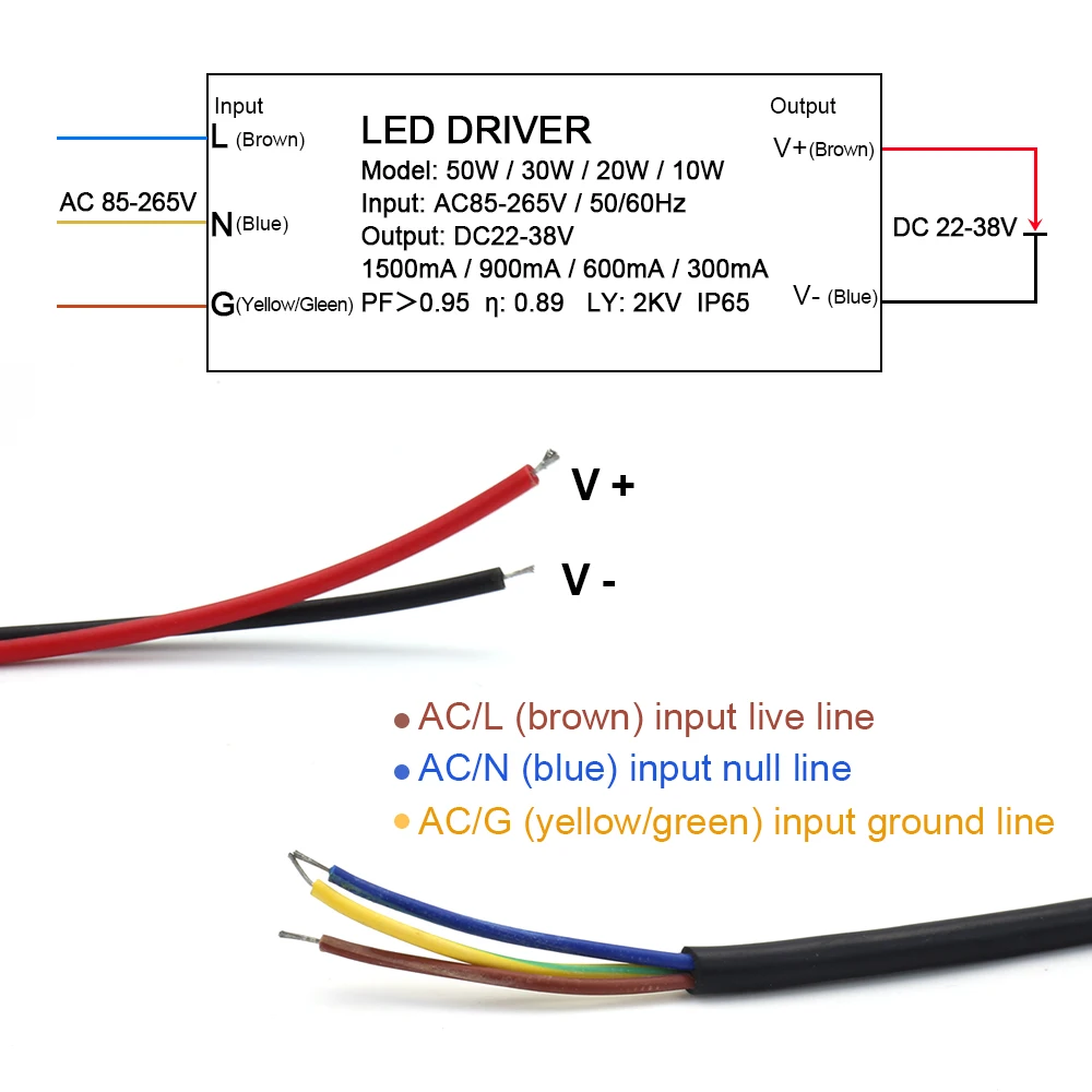 Sterownik LED do LED 50W 30W 20W 10W 1500mA 900mA 600mA 300mA zasilacz Adapter IP65 AC 85-265V do DC22-38V