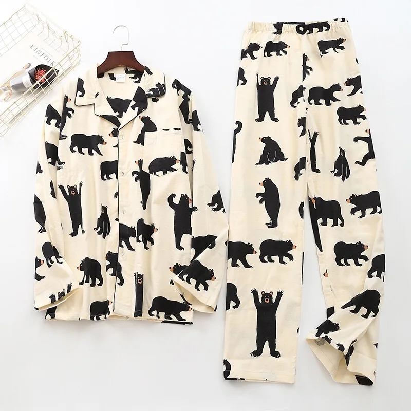 Conjunto de pijama de urso branco escovado masculino 100% algodão escovado pijamas casuais de animais, roupa caseira sexy, moda outono