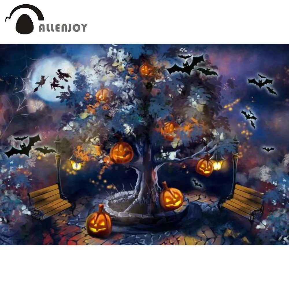 Allenjoy-fundo para festa noturna de halloween, abóbora, árvore, quintal, fotografia, estúdio de aniversário, decoração, cenário