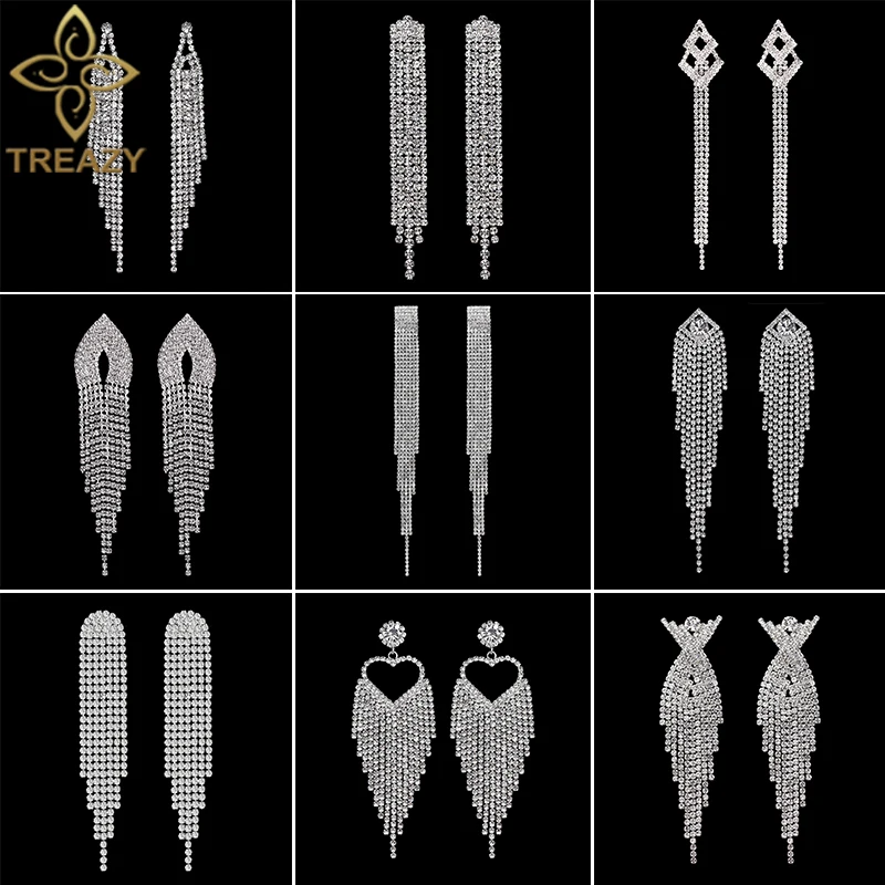 TREAZY-pendientes largos de borla para mujer, aretes colgantes de cristal con diamantes de imitación, joyería de Boda nupcial, Color plateado