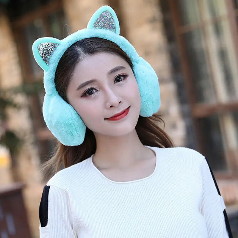 Girl Winter Cat Earmuffs Fur Warm Women Ear Protect Cute Faux Soft Fluffy Earcap Sequin Earmuffs Headband Newest