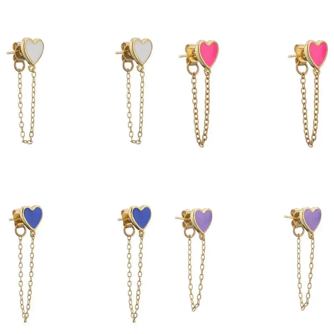 HECEHNG,1 pair,Colorfol Love Heart Link Chain Ear studs,For Women Fashion 2021 Jewelry ,Cooper Earrings, Wholesale