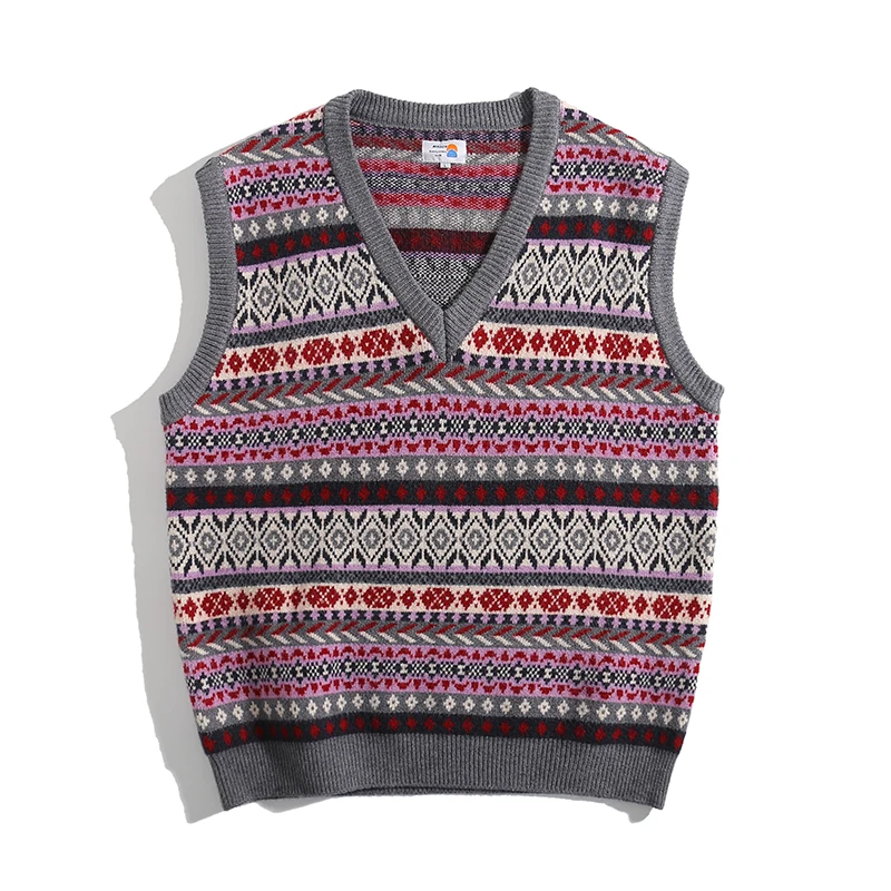 V-neck ethnic jacquard waistcoat and knit waistcoat, Japanese retro sweater