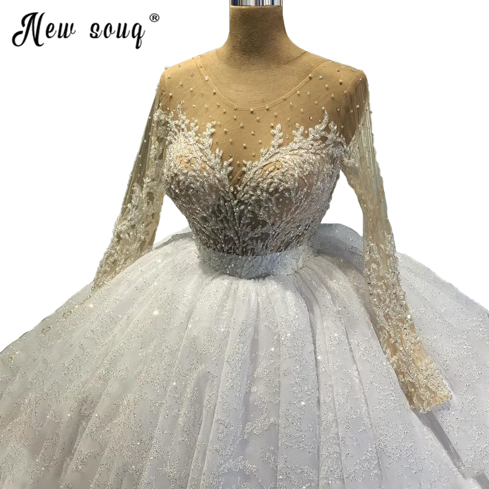 Vestido De novia De encaje con cuentas, manga larga, cuello redondo, marfil, 2021