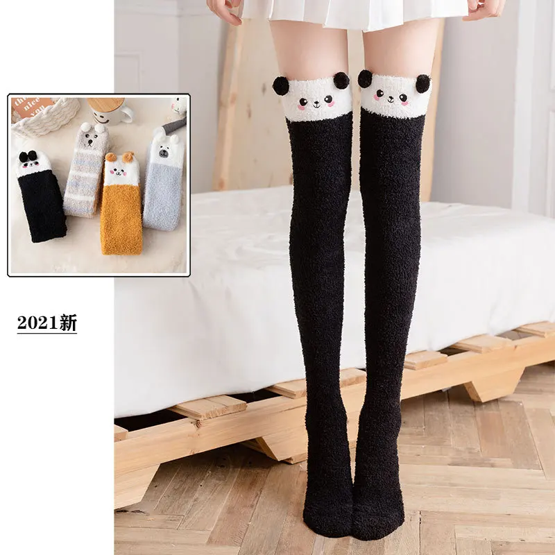 Soft Coral Fleece Knee Socks Winter Warm Girl Women Cute Cartoon Animal Stockings Striped Cozy Thigh High Christmas