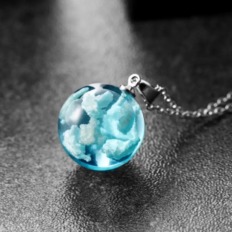 2022 Blue Sky White Clouds Pattern Pendant Necklace Handmade Resin Ball Shape for Moon Shape Pendant for Women Men Fashion Gift