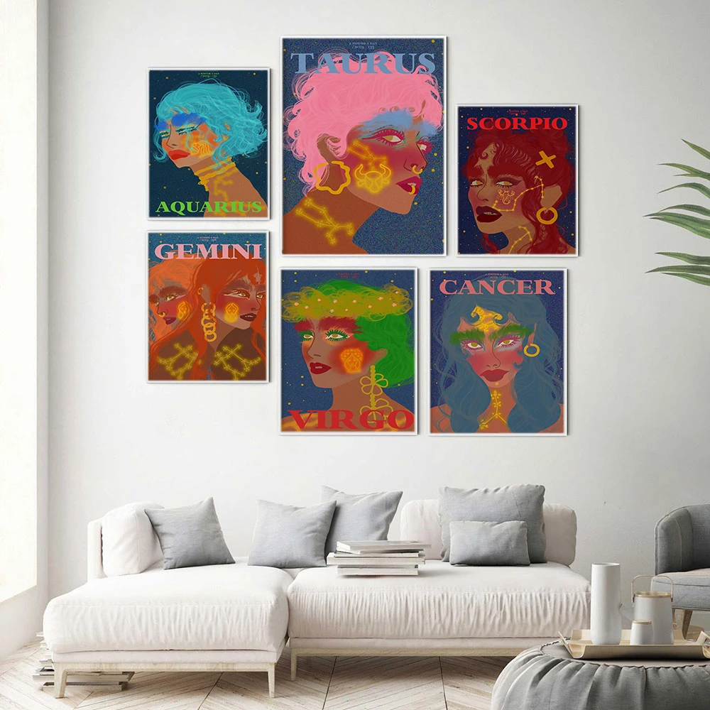 Constellation Abstract Girl Face Wall Art Canvas Poster Print Astrology Boho Zodiac Sign Astrology Painting Decoration Pictures
