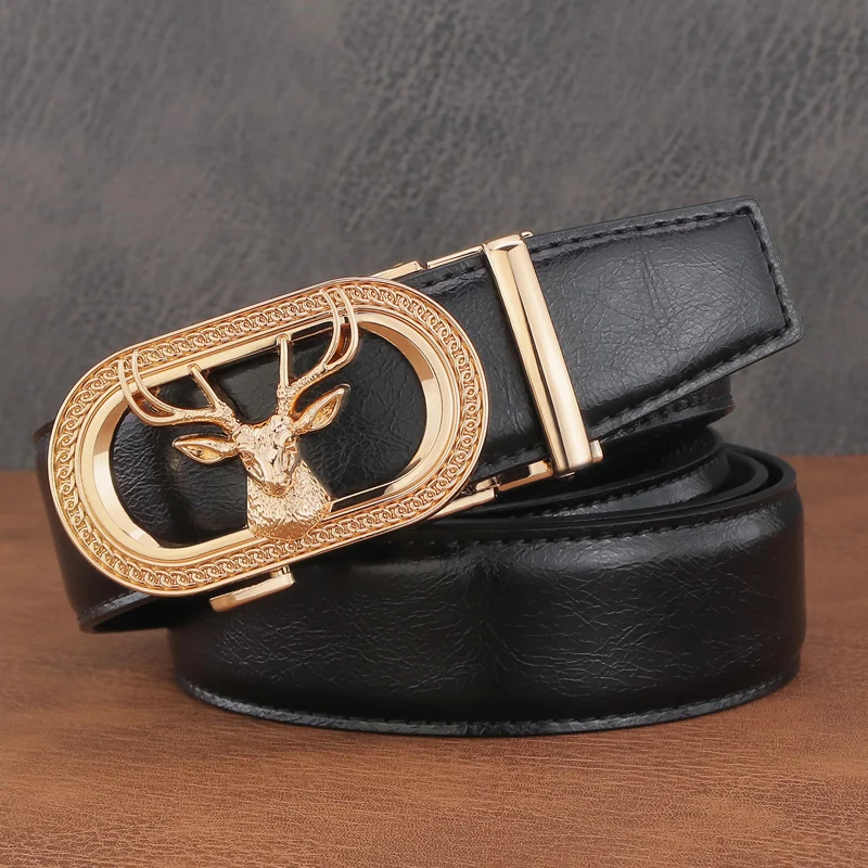 

High Quality Automatic Buckle Deer head personality belts genuine leather Designer males Waistband Casual cinto masculino balck