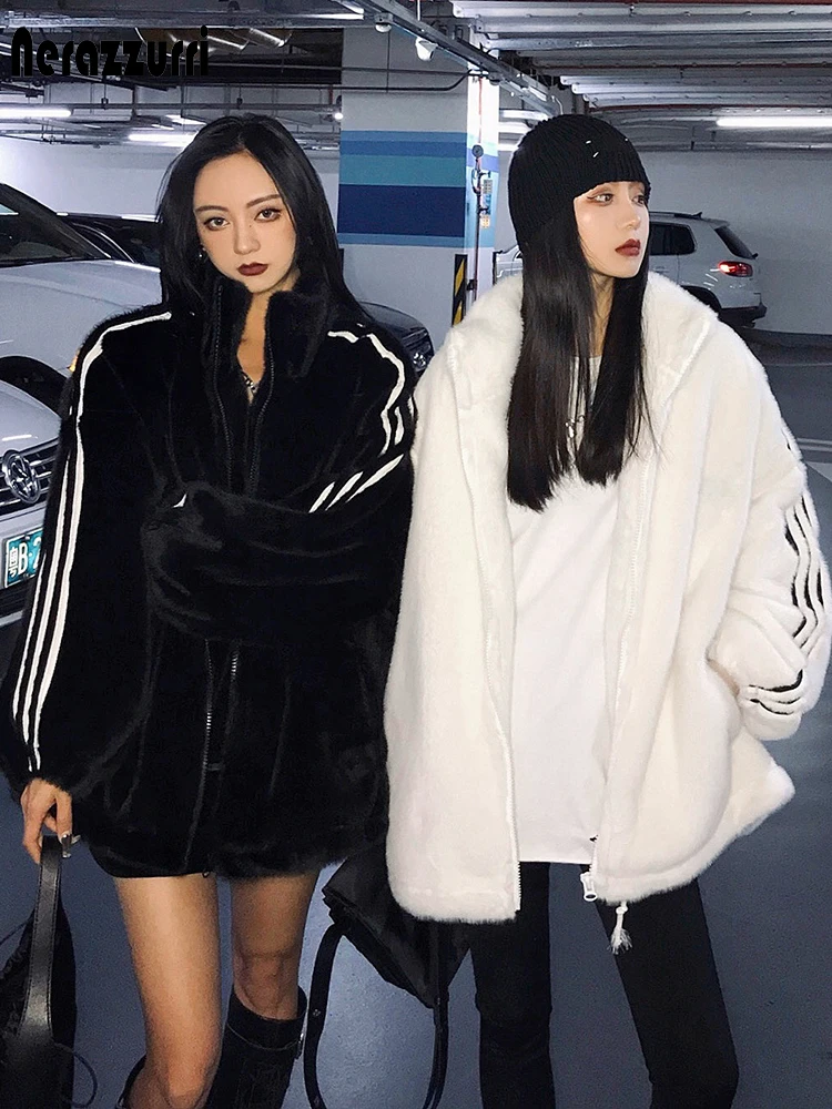 Nerazzurri Zip Up Oversized Soft Warm Fluffy Faux Fur Jacket Long Sleeve Color Block Winter Fur Coats for Women Fashion Style