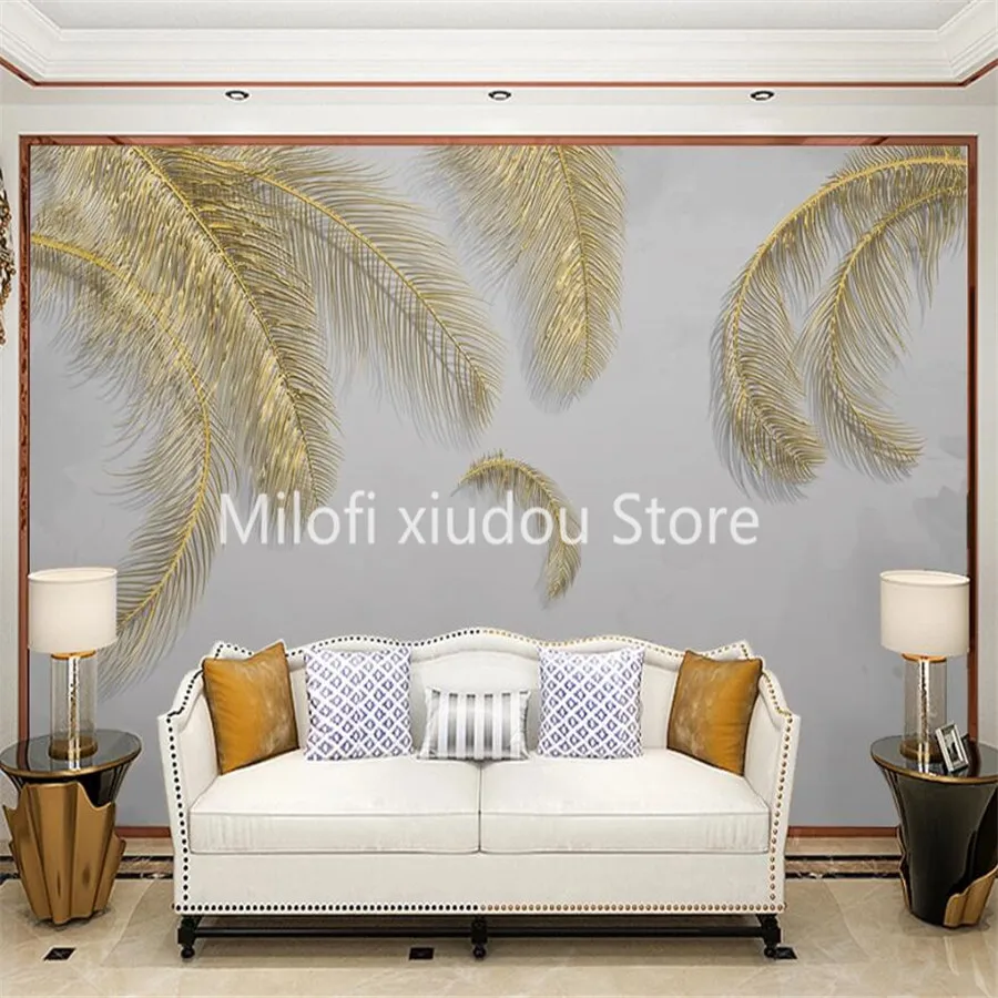 Custom 3D Mural Wallpaper Fashion Light Luxury Feather Gold Embossed Lines Living Room Bedroom Decoration Luxury Wallpaper