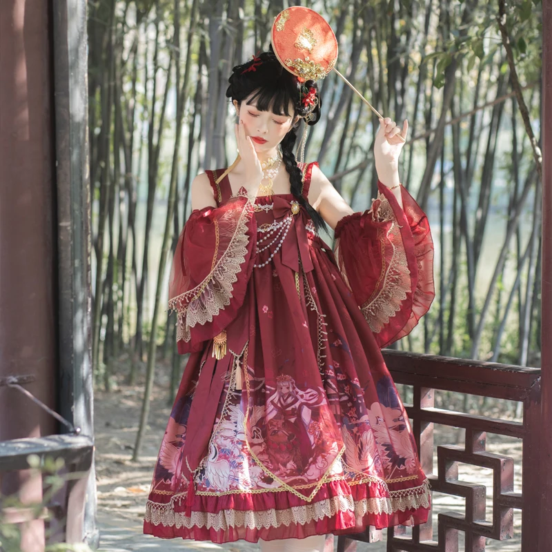 

Lolita fairy dress Chinese style Hanfu dress lace bowknot victorian printing kawaii girl loli cos gothic lolita kimono