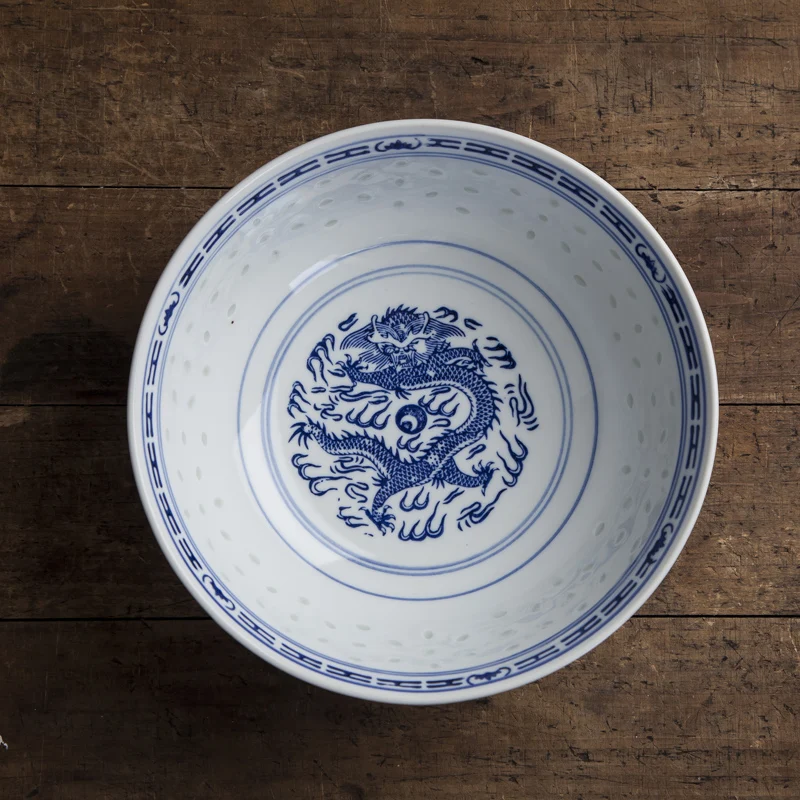 

Jingdezhen Blue and White Porcelain Hollow Ramen Bowl Vintage Chinese Dragon Pattern Rice Bowl Kitchen Tableware Food Dinnerware