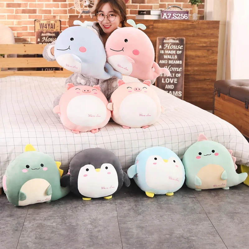

Squishy Cartoon Animals Plush Round Ball Shaped Hand Warmer Warm Holes Stuffed Animal Doll Penguin Whale Dino Pig Toy Gift