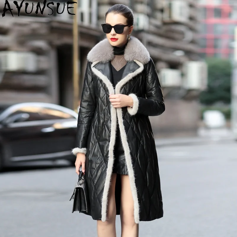 AYUNSUE 100% Genuine Sheepskin Coat Women Winter Real Fox Fur Collar Down Coat Famale Long Korean Down Parkas Monteau Femme 1231