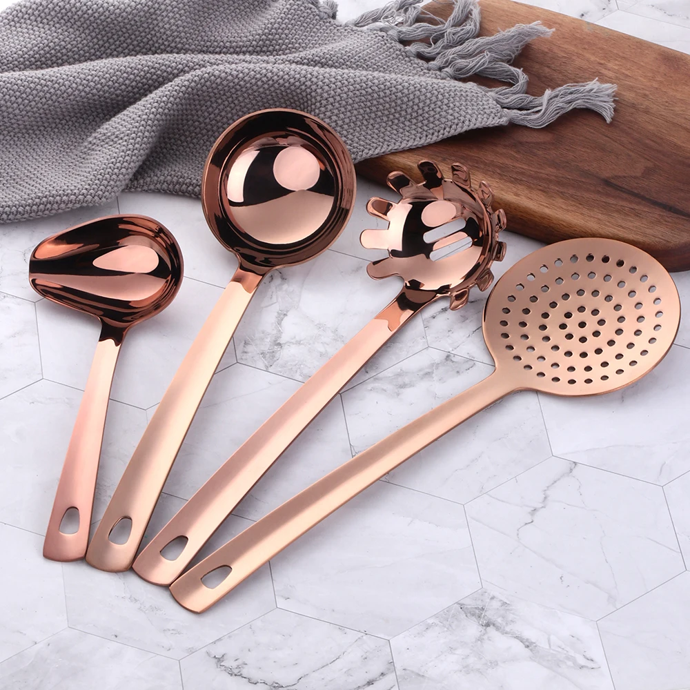 Pink Stainless Steel Long Soup Spoon Cooking Utensils Rose Gold Nonstick Kitchen Utensil Shovel Spatula Kitchenware Set Colander