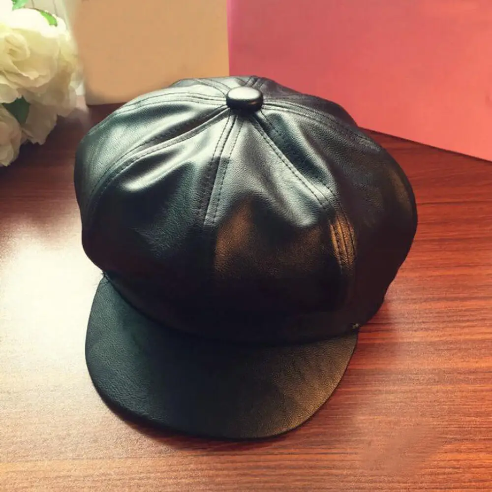 Women Leather Casual  Cap Black PU Leather Female Vintage Octagonal Cap Spring Winter Beret Ladies Flat Hat