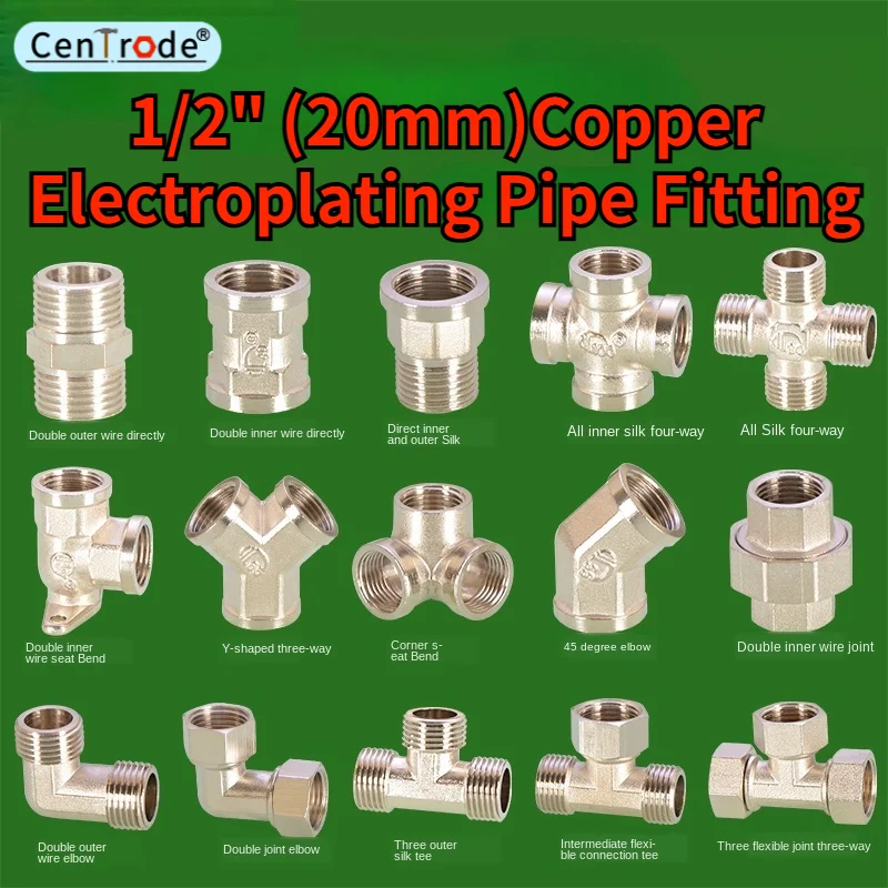 1/2 "20mm de cobre galvanoplastia encaixe de tubulação 2 3 4 vias conector interno e externo roscas latão encaixes adaptador combustível água