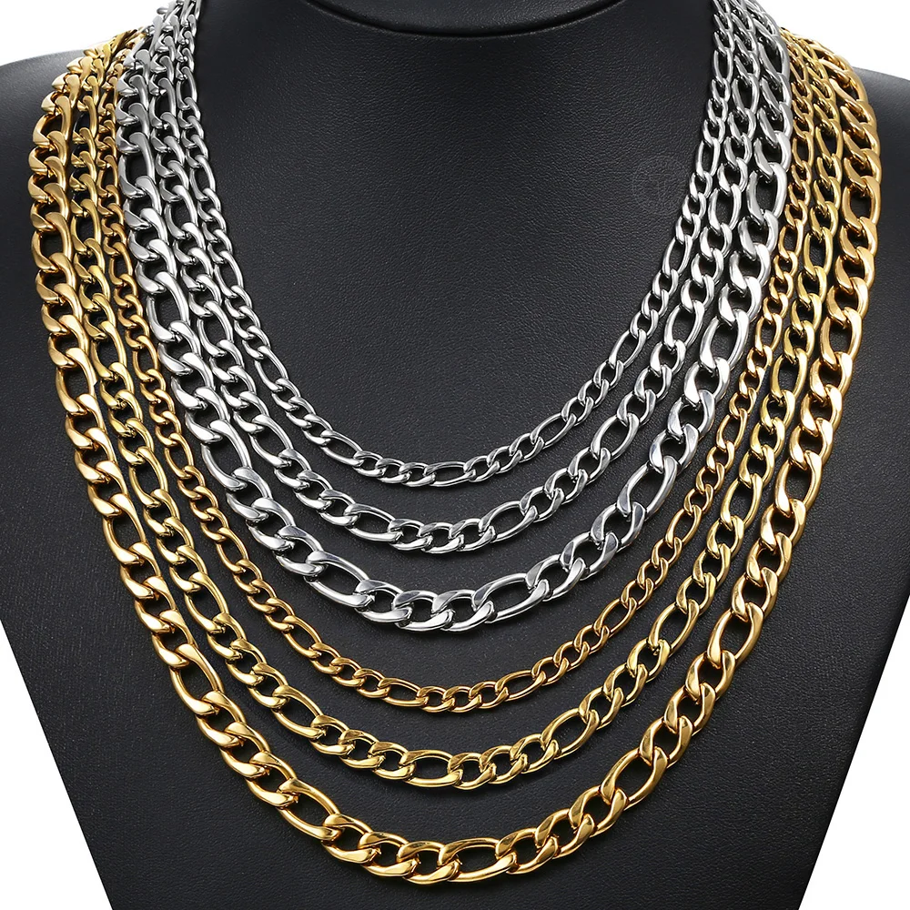 3/5/7/9mm Gold Color Stainless Steel Figaro Link Chain Choker Necklace for Men Women Fashion Male Accessories Wholese DKNM177