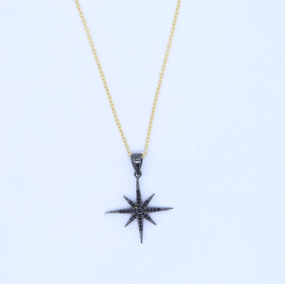 

2018 paved black cubic zirconia pendant gold color 925 sterling silver metal high quality north star christmas gift necklace