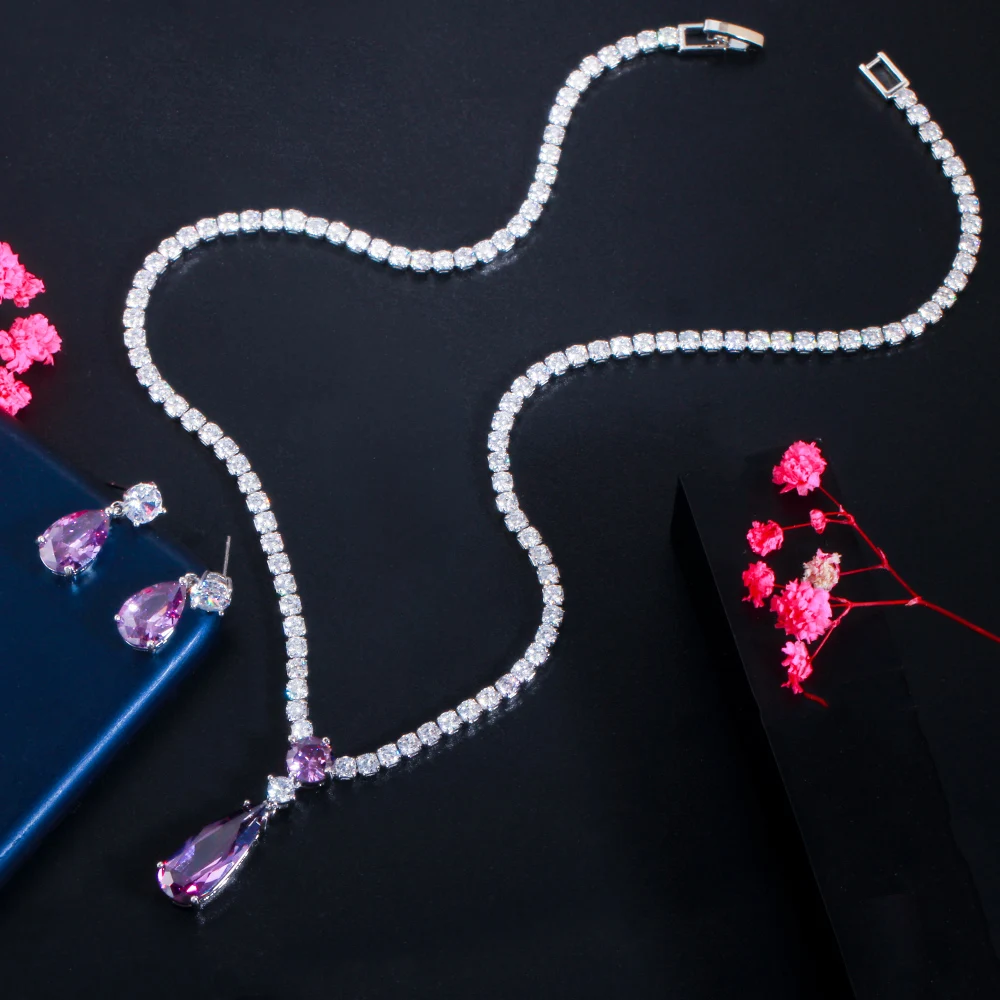 CWWZircons Top Rot-Lila Kubisches Zirkonia Wassertropfen-Design Modisches Schmuckset für Damen zur Verlobung, Party, Hochzeit, als Brautjungferngeschenk T0751 – Detail 4