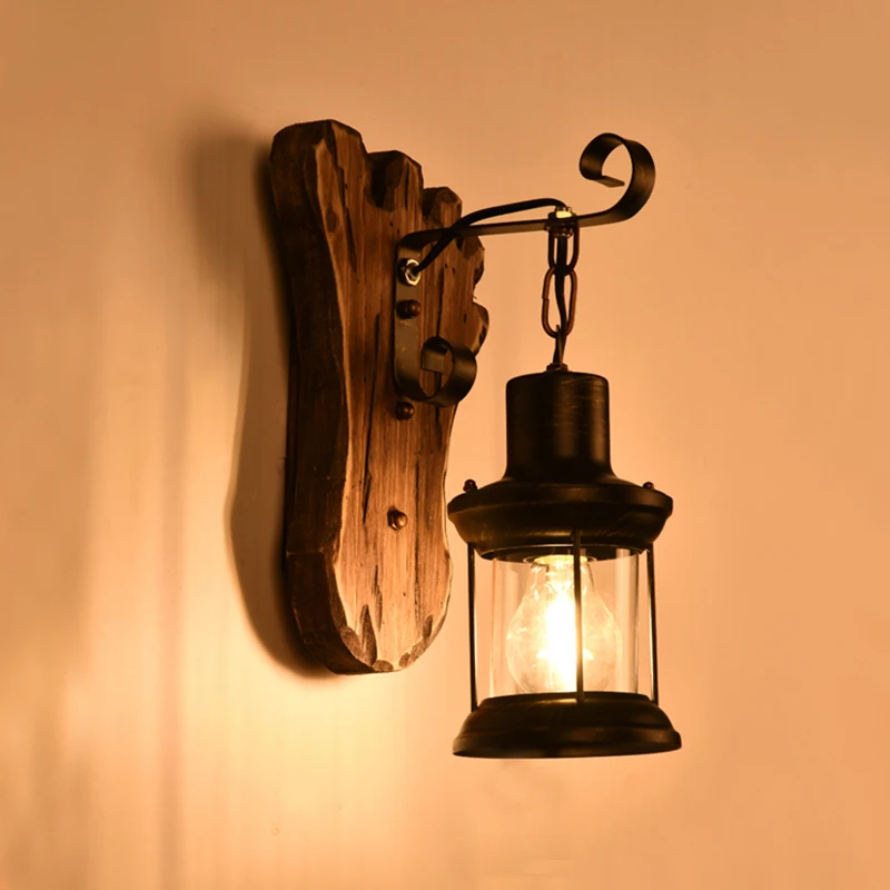 Vintage American Style Wall Lamp Wood Iron Glass Black Bed and Breakfast Hot Pot Restaurant Nostalgia Industrial Style Cafe E27