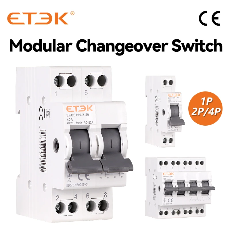 ETEK Din Rail MTS Dual Power Manual Transfer Switch Modular Changeover Switch Interlock Circuit Breaker1P 2P 4P 40A 230V EKCS101