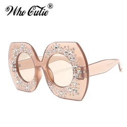 WHO CUTIE 2026 Oversized Square Crystal Sunglasses Women Designer Rhinestone Frame Round Lens Female Sun Glasses Shades OM538