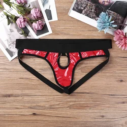 Mens Lingerie Bikini G-string Underwear Faux Leather Briefs Open Back and Hollow Out Jockstrap with Metal O-Ring Underpants