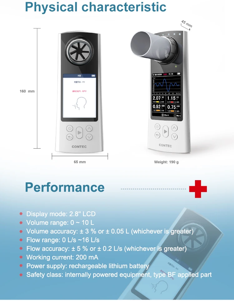 CONTEC SP80B/70B Спирометр Ручной цифровой пиковый расходомер Bluetooth-тестер для функции объема легких Цветной экран