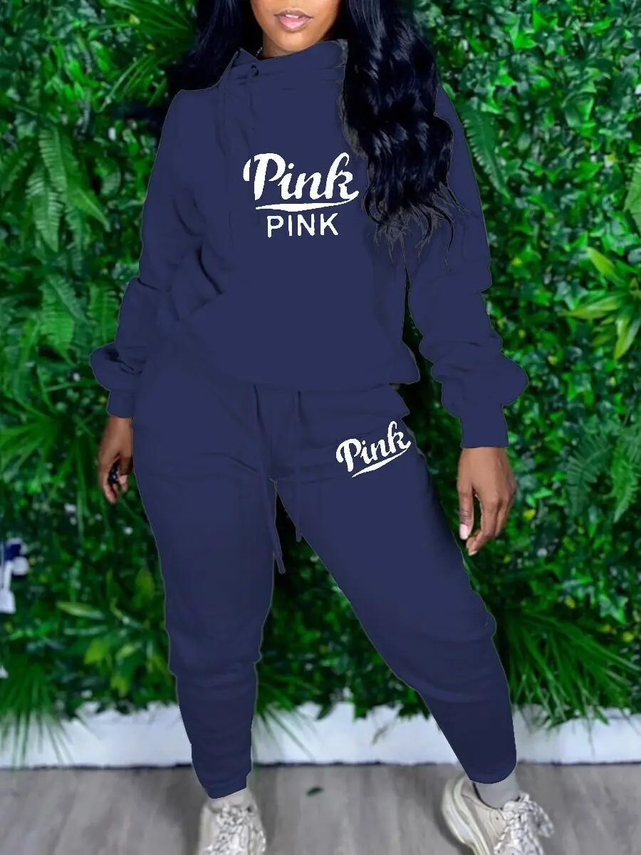 Street Tracksuit Pink Letter Sweatsuit Women's Set Skew Hooded Sweatshirt Jogger Pants Set Active Two Piece Set Outfits