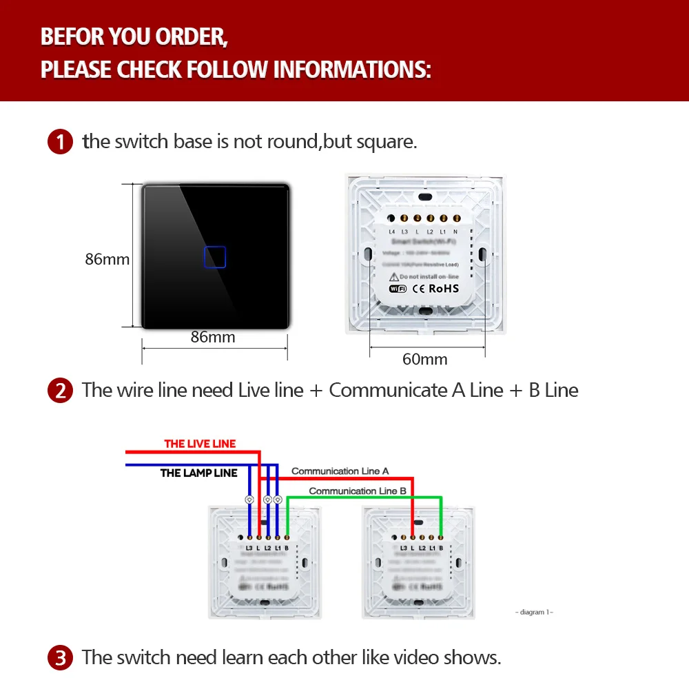 EU 1 2 3 Gang 2 Way Wall Light Controller  Home Automation Touch Switch For Stair Inside / Outside Control Switch Glass Panel