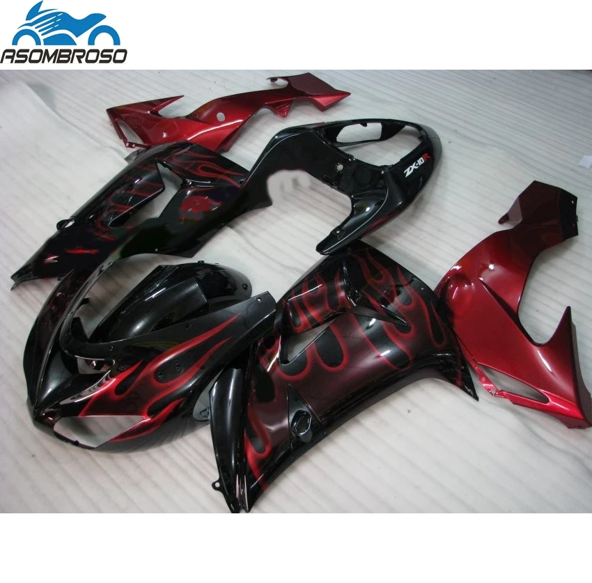 

Best Price Motorcycle Bodyworks for Kawasaki Ninja ZX10R fairing kit 2006-2007 red flames black fairing set zx10r 06 07 GH73