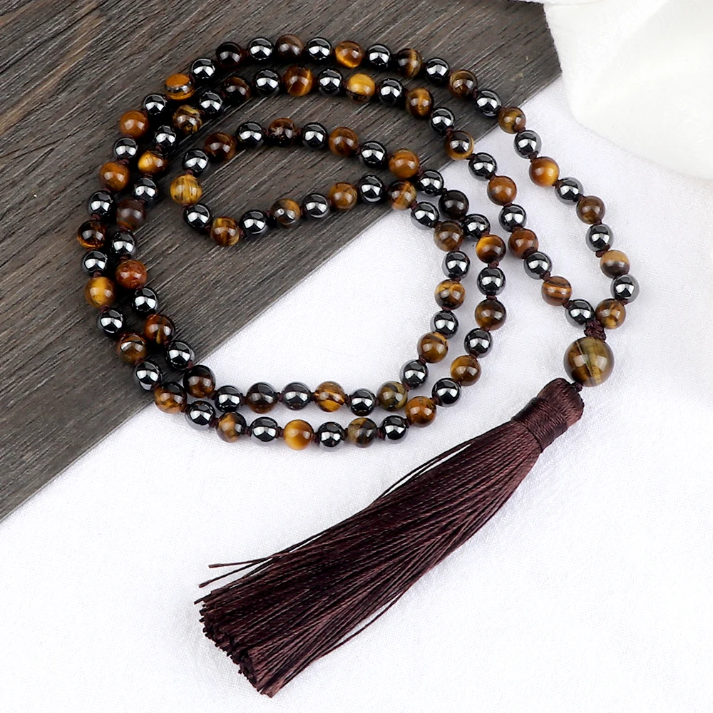 New Charm 108 Beads Tassel Necklace High Quality 6MM Tiger Eye Hematite Knotted Bracelet Luxury Meditation Bangles Jewelry Gift