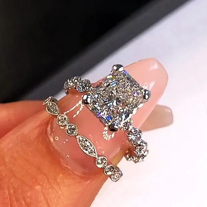 Huitan Creative Wedding Sets Rings Women Fashion Double Stackable Design Brilliant Square White Cubic Zirconia Ring 2021 Jewelry