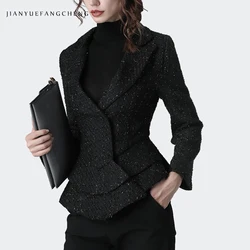 Giacca da donna in lana moda autunno inverno nuovo elegante Blazer da donna Slim da ufficio nero linee ruvide cappotto corto aderente